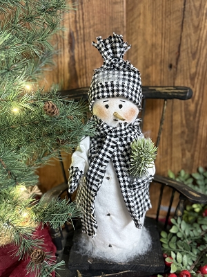 Handmade Primitive Snowman in Black & White Check with Greens By Deb 15